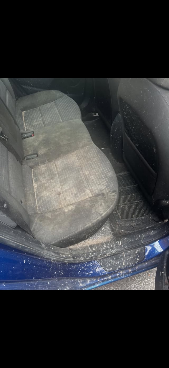 Before: Dirty back seat with stains and debris
